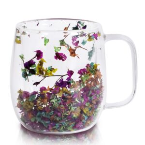 Richaa Gläser Doppelwandige Getrocknete Blumen Latte Macchiato Kaffeetassen mit Griff 350ml Cappuccino Mug Originelle Ge
