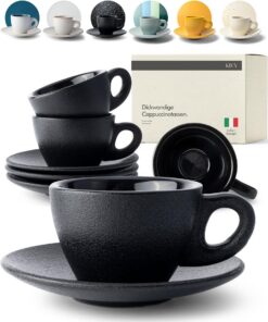 KIVY Cappuccino Tassen Set [4x 240ml] aus dickwandigem Steingut - Handgefertigt für Baristas