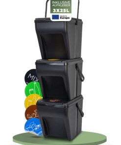 Novaliv Mülltrennsystem Set - 3x 25L Mülleimer - Recycling für Familien - Trennung beim Müllwerfen - stapelbar und leich
