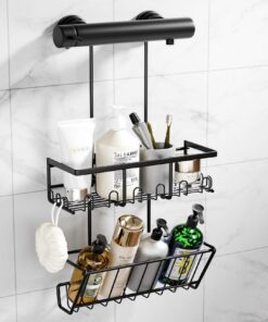 RUIHANDA Doppelstock-Duschablage zum hängen + 50% mehr Stauraum + 12 Haken – Kein Bohren, Kein Kleben! 54cm Größe – Perf