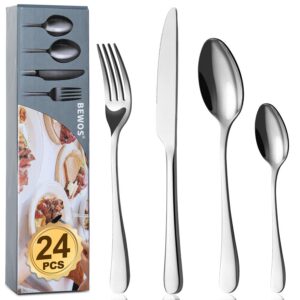 BEWOS 24 Stück Besteck Set für 6 Personen, spülmaschinenfest, Edelstahl Spiegelpoliert Messer Gabel Löffel Set