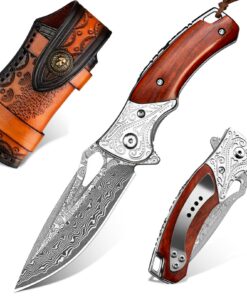 NedFoss HERON Damast Klappmesser, 7CM Damast Taschenmesser für Outdoor-Enthusiasten im Wald, guter Versicherungsaufsatz,