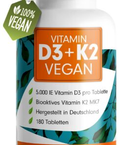 Vitamin D3 K2 VEGAN - 180 Tabletten mit 5000 IE D3 + 200 mcg K2 (MK7) - laborgeprüft + Vorratspack: 180 Tabletten Vitami