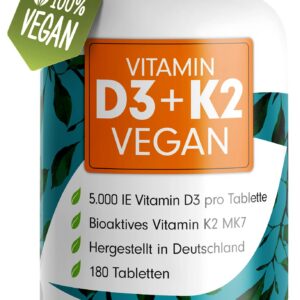 Vitamin D3 K2 VEGAN - 180 Tabletten mit 5000 IE D3 + 200 mcg K2 (MK7) - laborgeprüft + Vorratspack: 180 Tabletten Vitami
