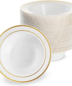 MATANA 100 Weiße Plastikschalen mit Goldrand für Partys - Mehrweg & Stabil - Hochzeiten, Geburtstage, Weihnachten - 360m