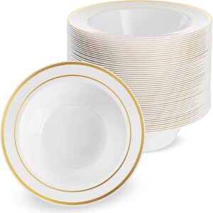 MATANA 100 Weiße Plastikschalen mit Goldrand für Partys - Mehrweg & Stabil - Hochzeiten, Geburtstage, Weihnachten - 360m