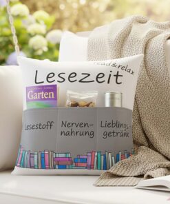 KAMACA Dekokissen für Sofaabend und Filmabend mit 3 Taschen (Lesekissen) KAMACA Kuschelkissen 43x43 cm zur Lesepause -