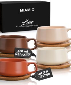 MIAMIO - 4 x 320 ml Kaffeetassen mit Unterteller elegant modern Luxe Kollektion (Beige Pastell) MIAMIO - 4er Set 320 m