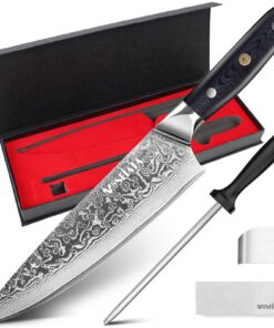 MOSFiATA Damastmesser 8 Zoll, scharf, für Profis und Chef Küchenmesser mit Fingerschutz und Messerschärfer, als Geschenk