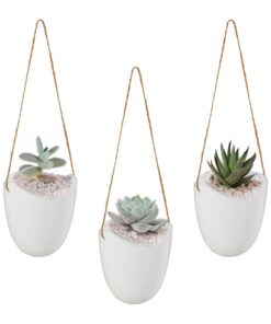 Relaxdays Wandvase 3er-Set Keramik weiß mit Schnur – Blumenampel für Pflanzen & Blumen