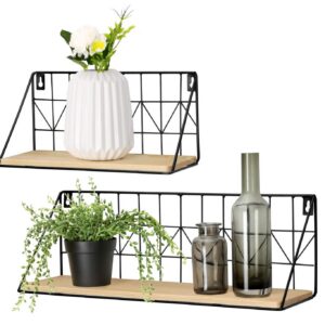 Mkouo Modernes Boho Deko Schweberegel für Wohnzimmer und Schlafzimmer - Holz Aufbewahrungsregale mit Metalldraht Gestell