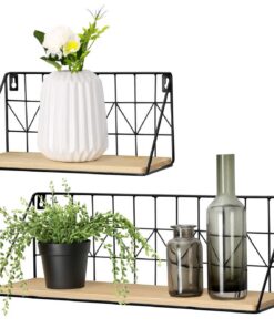Mkouo Modernes Boho Deko Schweberegel für Wohnzimmer und Schlafzimmer - Holz Aufbewahrungsregale mit Metalldraht Gestell