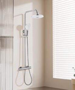 SGUVK Duschsystem mit Thermostat + Regendusche + Rund 38 °C + Duscharmatur Komplettset + 3 Strahlen + chrom + 22x22cm +
