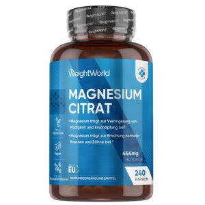 WeightWorld Magnesiumcitrat gepuffert - 240 vegane Kapseln - 444mg Magnesium pro Portion - 4 Monate Vorrat - Alternative