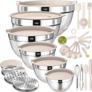 Terlulu Rührschüssel 6er Set - Back- und Servierstücke mit Luftdichtem Deckel & Silikonboden, 6 L/|8 L/|4 L/1.9 L/1.4 L/