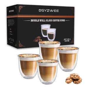 DSYZWEE Doppelwandiges Thermoglas Espresso für Latte und Iced Americano, 4er-Set Doppelwandige Thermo Gläser, 220 Ml Cap