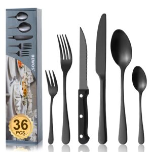 BEWOS 36-teiliges Schwarz Besteckset für Haus & Küche: Premium-Edelstahl, Spülmaschinenfest, Hochwertige Messer-Löffel-G