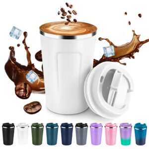 Volhoply Isolierte Vakuum-Reise Thermobecher Edelstahl 360 ml Heiße und Kalte Getränke Tragbar Klappdeckel Weiß 1 Set