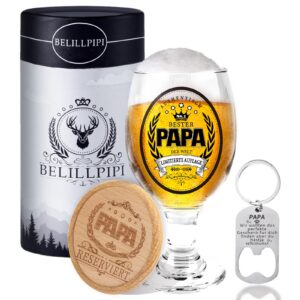 Belillpipi Vatertags-Geschenk für Papa mit Untersetzer und Flaschenöffner | Belillpipi Gravur-Bierglas als Weihnachtsge