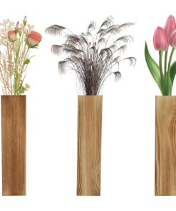 HENGBIRD Wandvase Holz 3er Set, Moderne Innen-Dekoration 2,5x5,6x29,5 cm, Für Faux Grünpflanzen & Trockenblumen Braun