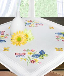 KAMACA Stickpackung Tischdecke 80x80 cm Kreuzstich-Set vorgedruckte Stickdecke inkl. Stickgarn Stickvorlage und Anleitun