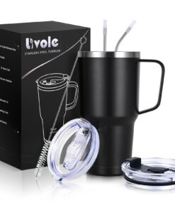 Livole 30oz Doppelwandig Thermobecher mit Strohhalm und Henkel, Isolierter Camping Becher für Kaffee und Cocktail, Schwa