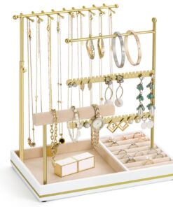 Emibele Emibele Schmuck-Halter für Frauen, 5-Stöckiger Gold-Schmuckständer mit Metallrahmen und samtener Ringablage