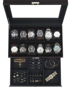 Kukikan Uhrenbox mit 12 Fächern Geschenkidee Samtfutter Schwarz