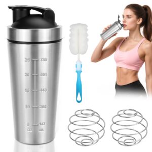 QGGTQG Protein Shaker Edelstahl 750 ml - Mixegerät mit Kugel und Bürste, Graduiert Innen und Ausen, Doppeltes Mischen, G