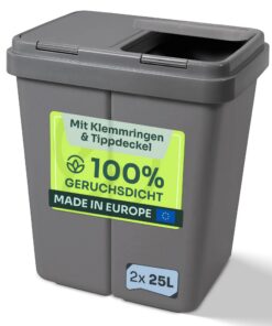 Gardissimo Duo Bin Müllbehälter grau geruchsdicht mit Ersatzfedern Küche Mülleimer 2 x 25 Liter 45x33x51cm