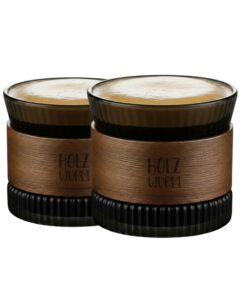 Koops Holzwurm Espresso Tassen Set Glas 170 ml inkl. Walnuss Holz, Cappuccino Gläser, Teetasse für Tee, Espresso Tassen,