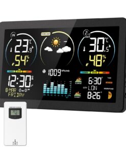 Wetterstation Funk Schwarz Mit Außensensor und Digital Farbdisplay (DCF Funkuhr, Temperaturwarnung, Barometer, Hygromete