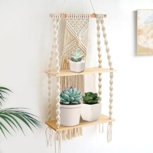 Boho Makramee Doppelschicht Quasten Wandregal Für Wohnzimmer | Handgewebte Naturholz Quasten Hängeregal Für Schlafzimme