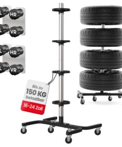 GENTOR Felgenbaum XL, fahrbar mit Rollen – für 4 Autoreifen (16–24 Zoll, bis 295 mm), Tragkraft bis 150 kg