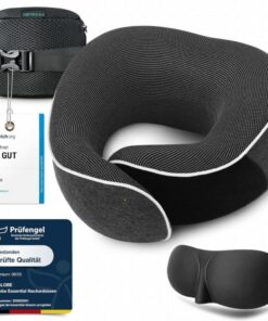 Proglobe Nackenkissen 100% Memory Foam für Flugzeug-Reisen mit 3D-Schlafmaske (Dunkelgrau)