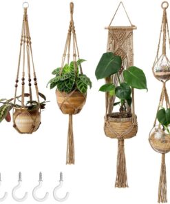 Braun Mkouo Blumenampel Makramee Pflanzenhalter Set Of 4 Für Die Innendeko | Braun Makramee Pflanzenhalter Set Of 4 Für
