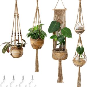 Braun Mkouo Blumenampel Makramee Pflanzenhalter Set Of 4 Für Die Innendeko | Braun Makramee Pflanzenhalter Set Of 4 Für