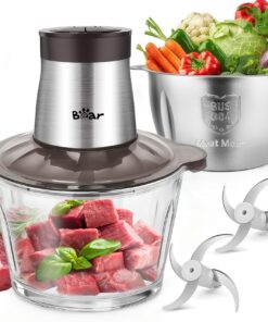 Bear 2L+1.8L Elektrischer Mini-Zerkleinerer 600W, 4 Edelstahlklingen & Glasbehälter für Fleisch, Babynahrung, Obst, Gemü