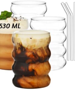 Alink Plus Size Gerippte Trinkgläser mit Glasstrohhalmen für Cocktail, Wasser, Soda | Eiskaffeegläser mit 530ml Kapazitä