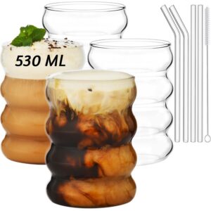 Alink Plus Size Gerippte Trinkgläser mit Glasstrohhalmen für Cocktail, Wasser, Soda | Eiskaffeegläser mit 530ml Kapazitä