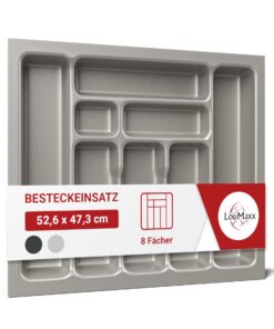 LouMaxx Besteckeinsatz für 60 cm Schubladen 47,3 x 52,6 cm - 8 Fächer Made in Germany bruchfest & langlebig silbergrau