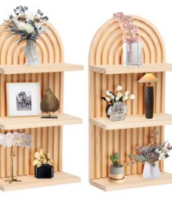 Zwei Stuck Boho Wandregal für Kinderzimmer und Schlafzimmer (Holzfarbe) | Dreistöckiges Regenbogen Holz Boho Wanddeko f