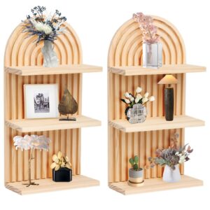 Zwei Stuck Boho Wandregal für Kinderzimmer und Schlafzimmer (Holzfarbe) | Dreistöckiges Regenbogen Holz Boho Wanddeko f
