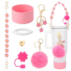 Newofview 7 Stück Cup Zubehör Set für Stanley Flaschen, Rosarote Cup Zubehör, Silikon Tassen Stiefel für 800ml-1200ml Tu