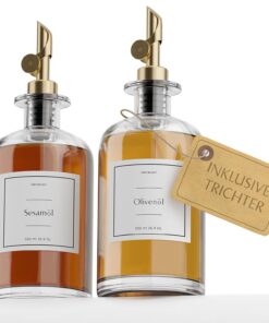 OlSCP Glas Ölspender Set 2er Pack 500ml Ausgießer Gold für Edaöl | Auslaufsicher & Tropffrei | 27 Etiketten & Trichter I