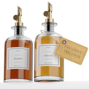 OlSCP Glas Ölspender Set 2er Pack 500ml Ausgießer Gold für Edaöl | Auslaufsicher & Tropffrei | 27 Etiketten & Trichter I