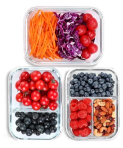 Mealsprech-Boxen Glas 3 Fächer (3 Stück, 1040ml) Frischhaltend mit Deckel, Luftdicht, Ofen- und Gefrierschrank-Sicher, P
