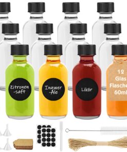 -shot flaschen zum befüllen ingwer 12 x 60ml kleines glas mit deckel & trichter incl. 12 etiketten Reinigungsbürste & st
