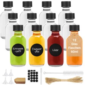 -shot flaschen zum befüllen ingwer 12 x 60ml kleines glas mit deckel & trichter incl. 12 etiketten Reinigungsbürste & st