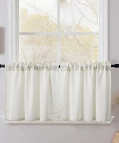 CUCRAF Natur Leinen Küchengardinen 2er Set Hellbeige H 60 x B 90 Halb Transparent Stores